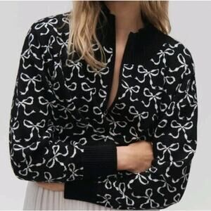 Anthropologie MAEVE Montana Bow Print Sweater Knit Mock Neck Half Zip Large